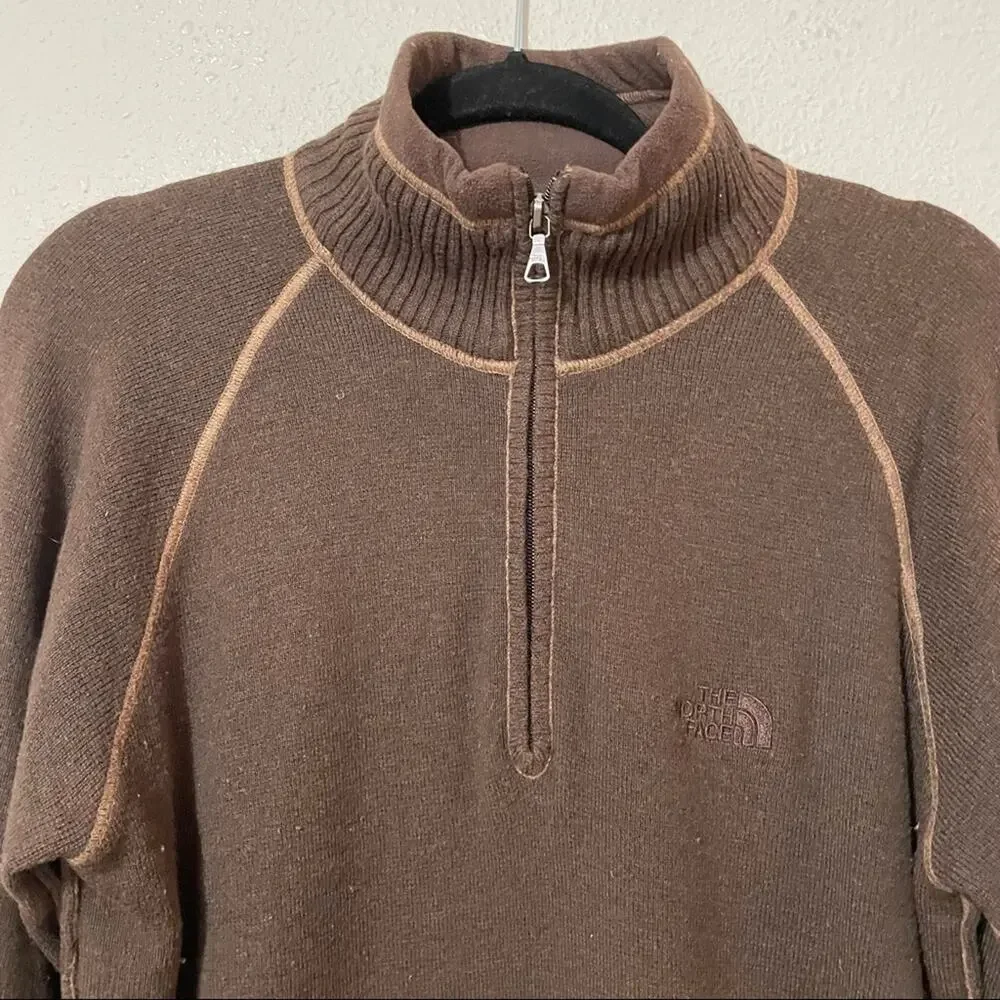 The North Face Brown Knit Quarter Zip Sweater Mens M Cotton Wool Blend Fall